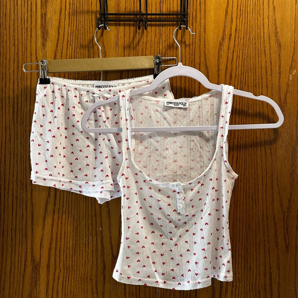 Princess Polly White Ribbed Tank & Shorts Set with Red Heart Print